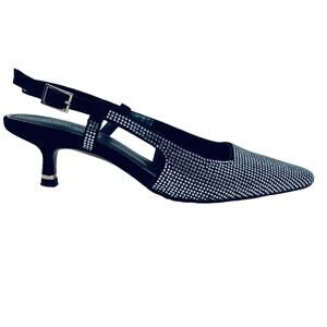 Kenneth Cole Slingback Jewelled Kitten Heel Black Silver Strappy Ankle - 7